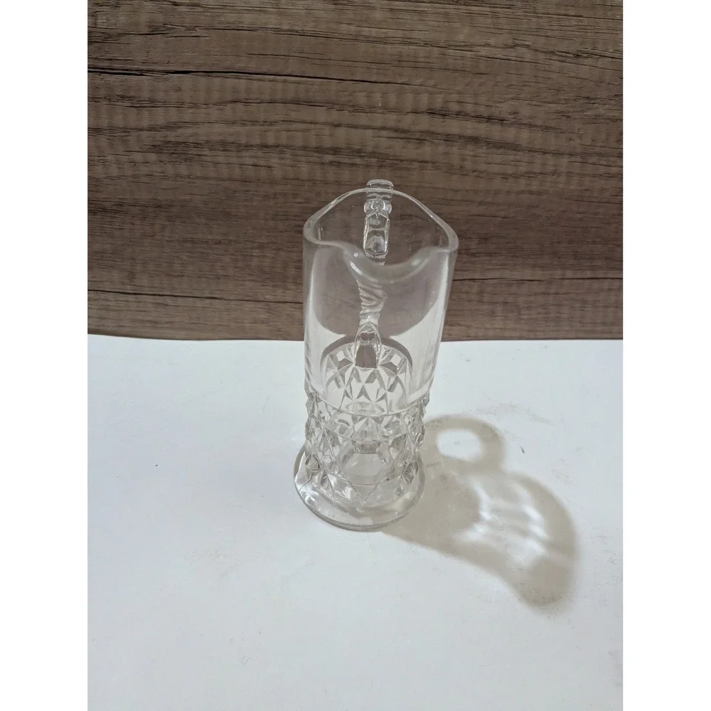 Vintage‎ Clear Glass Small Pitcher Diamond Cut Pattern Beaded Handle 6 Inch